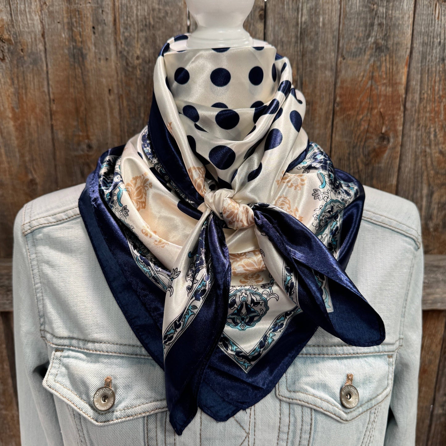 35X35" Navy and Cream Polka Dot Wild Rag / Scarf WR3161