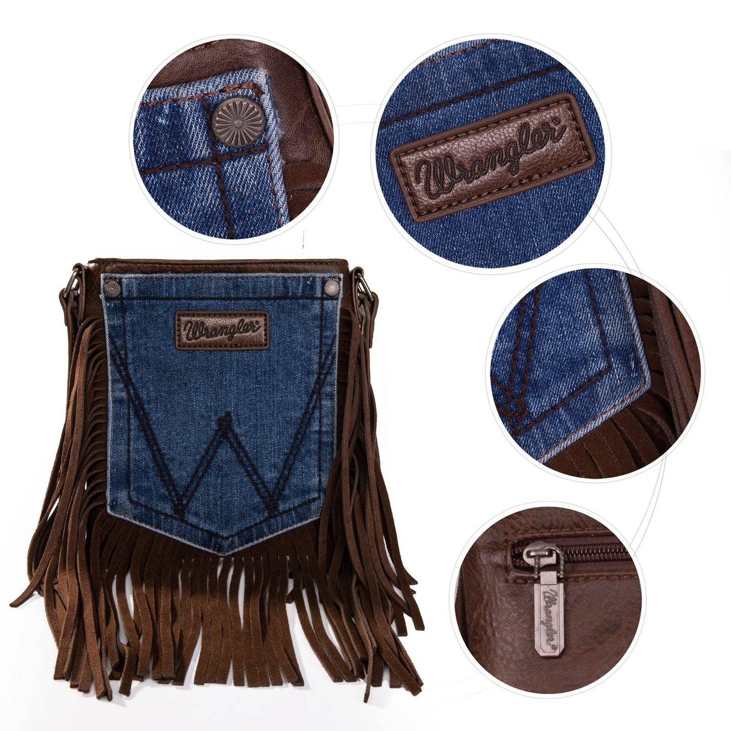 Wrangler Leather Fringe Jean Denim Pocket Crossbody: Coffee