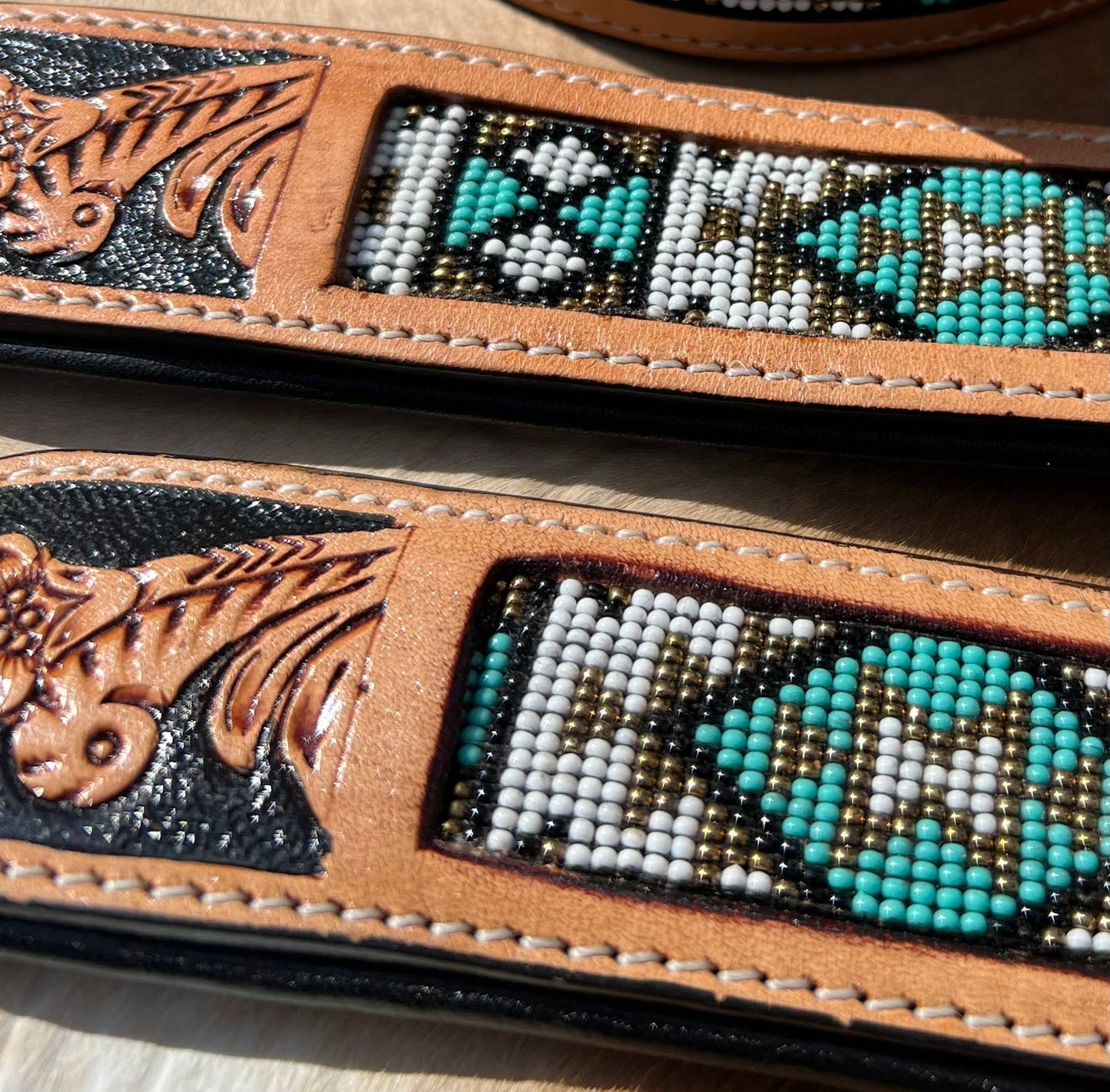 Southwestern Western Tooled Leather Beaded Dog Collar - Turq: Medium
