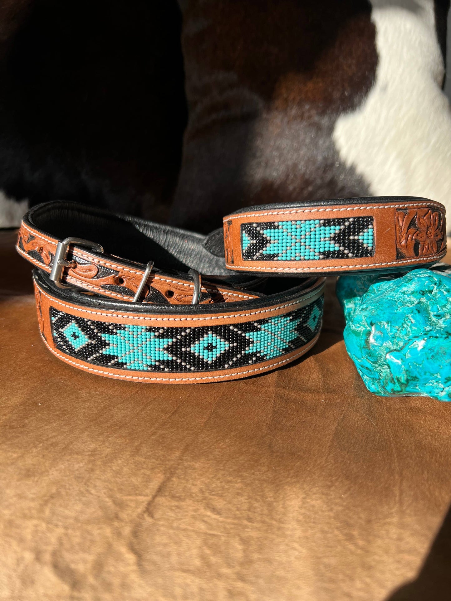 Beaded Dog Collar with Saddle Leather: Turquoise & Black/ Large