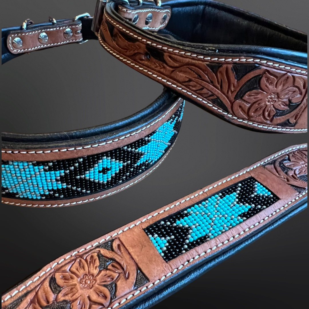 Beaded Dog Collar with Saddle Leather: Turquoise & Black/ Large