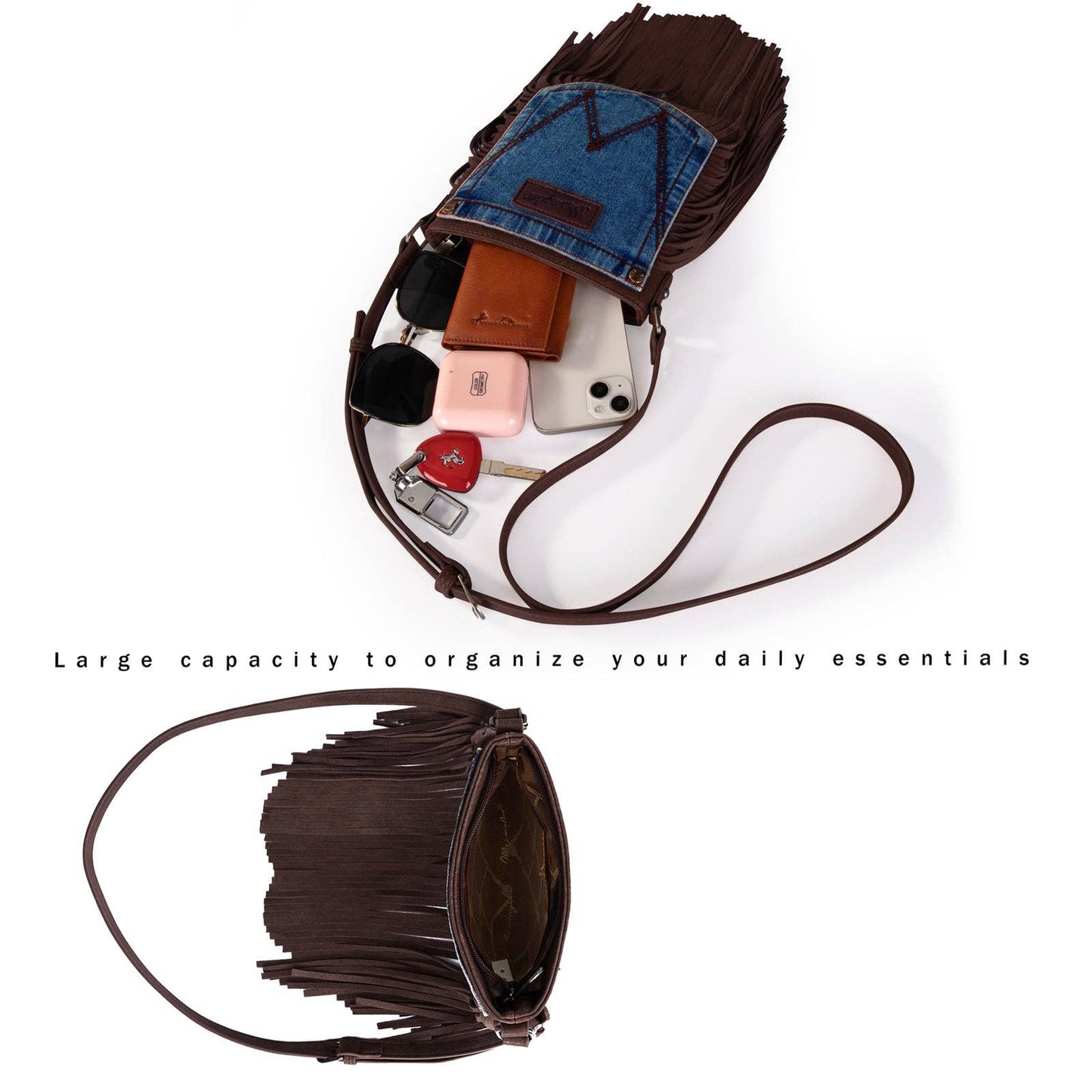 Wrangler Leather Fringe Jean Denim Pocket Crossbody: Coffee
