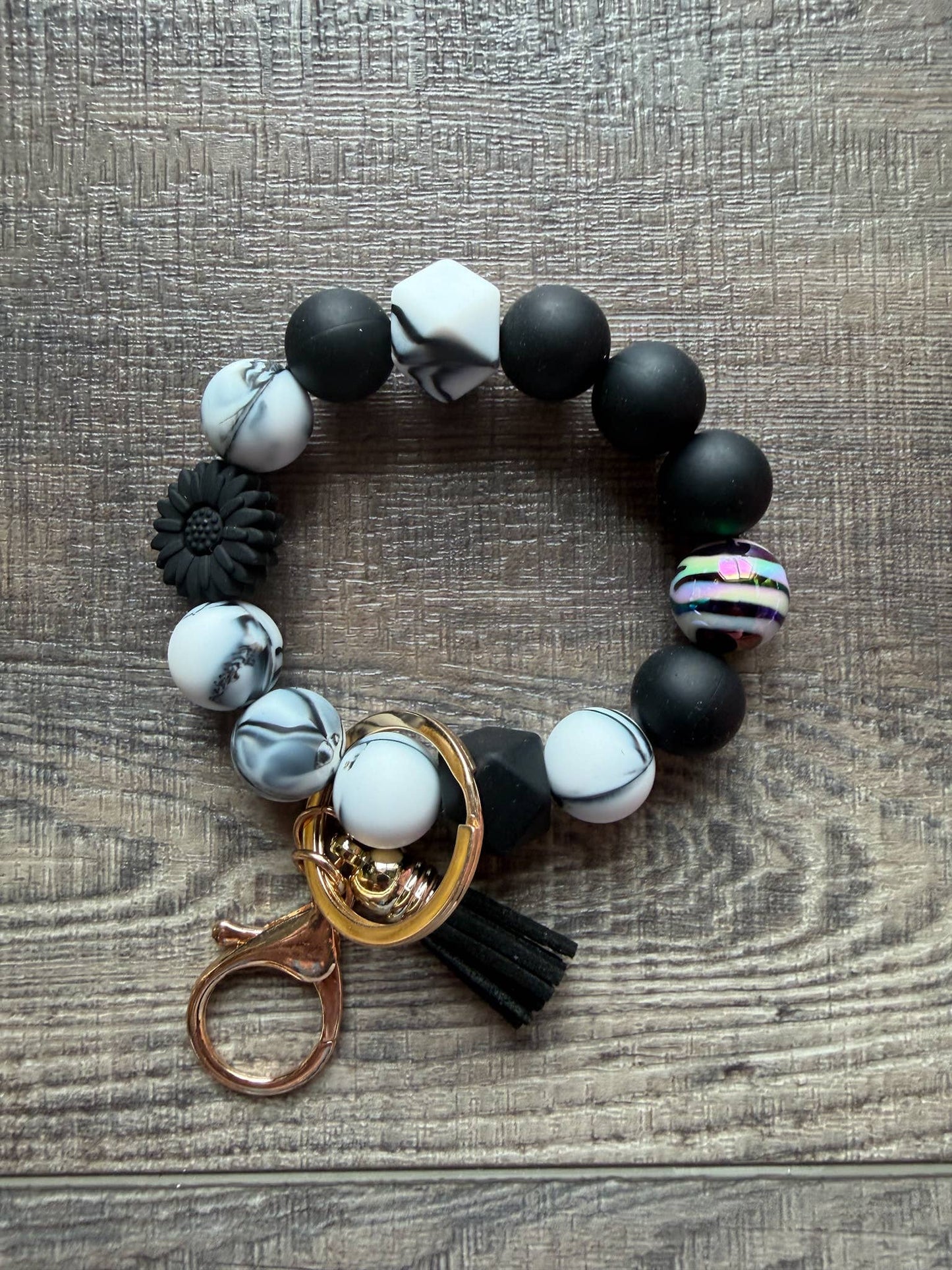Floral Flower Silicone Bead Wristlet Keychain: Black