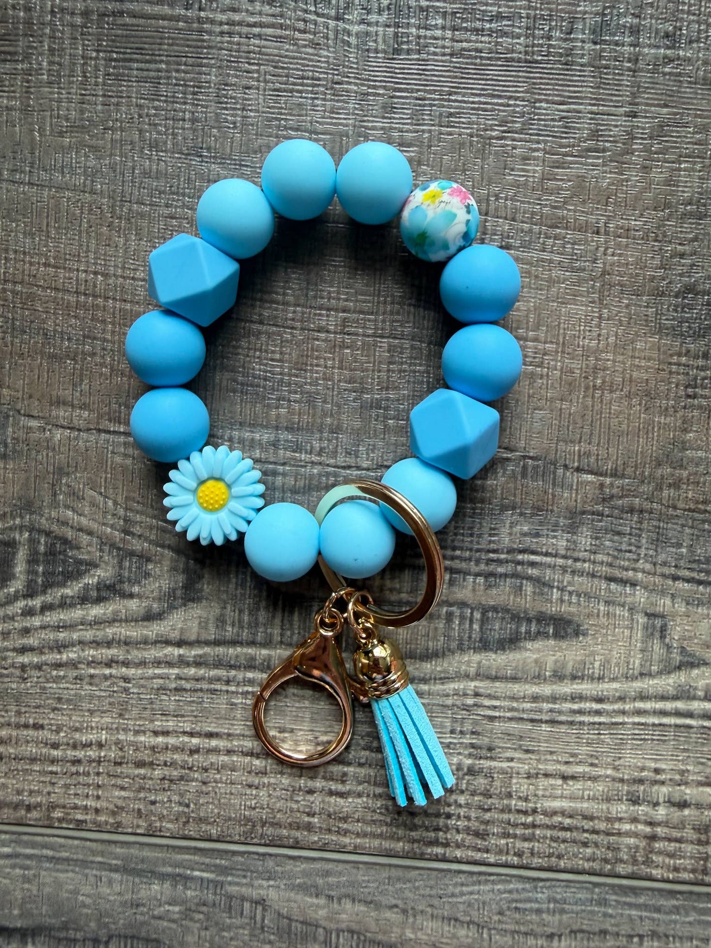 Floral Flower Silicone Bead Wristlet Keychain: Blue