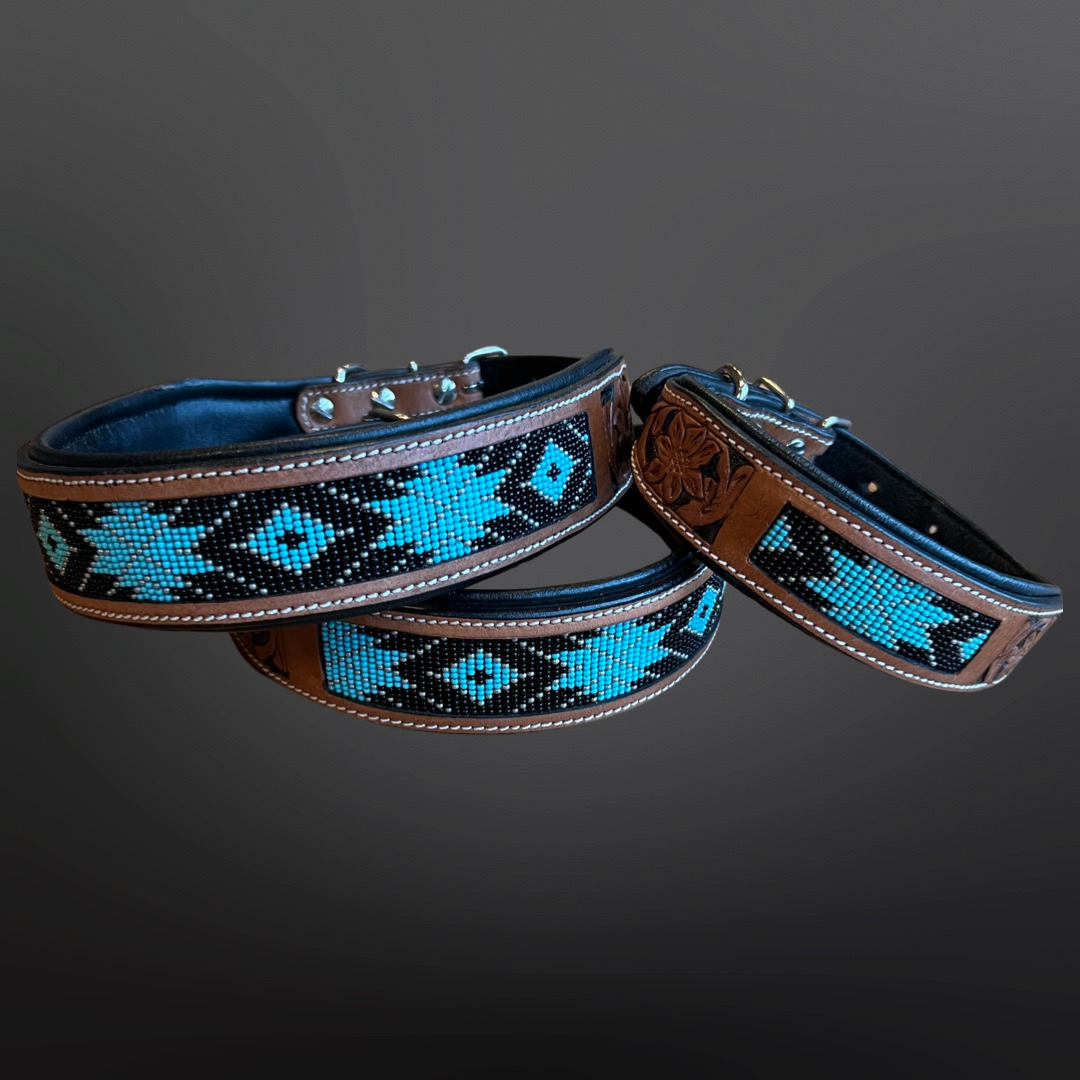 Beaded Dog Collar with Saddle Leather: Turquoise & Black/ Large