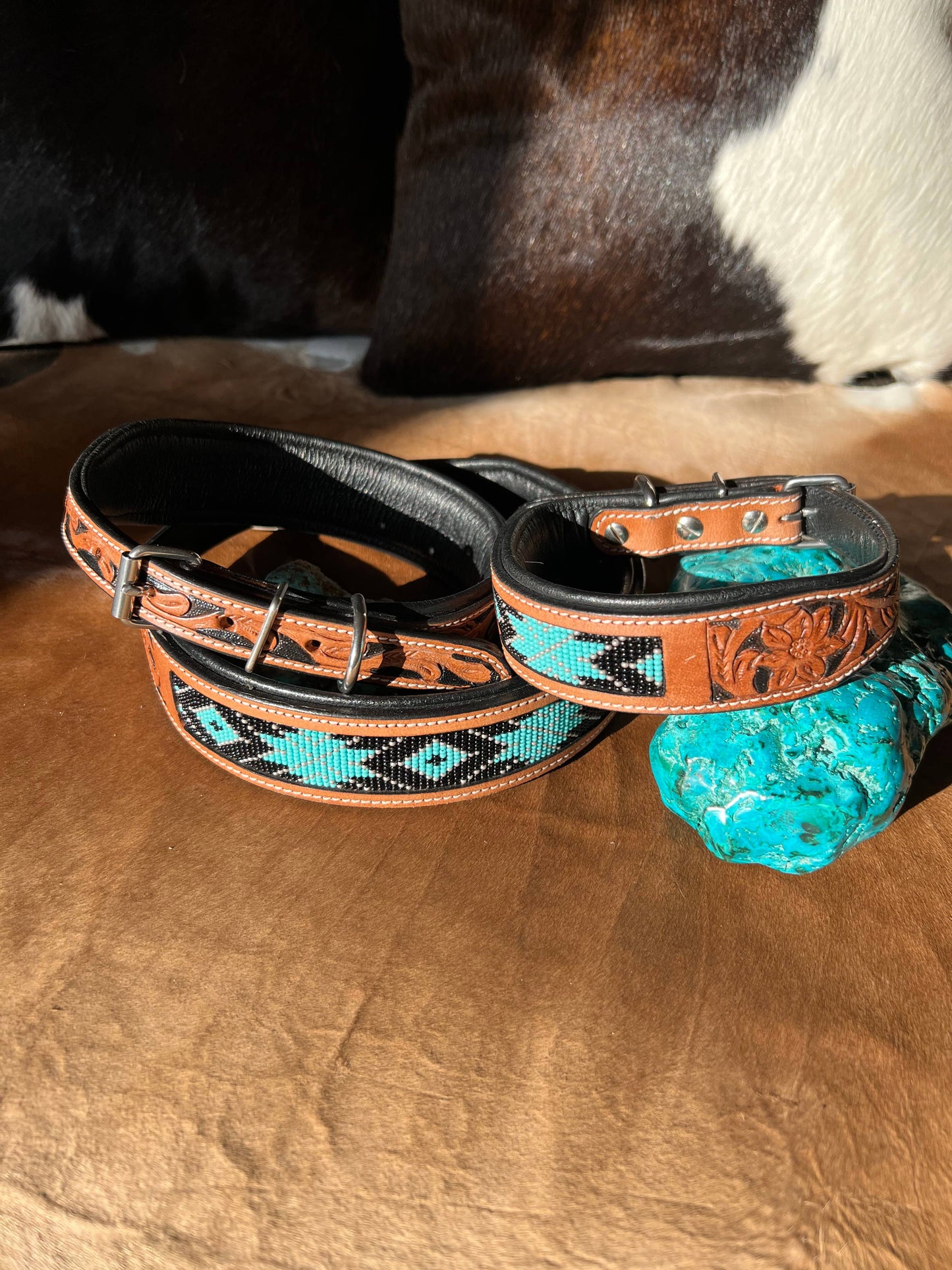 Beaded Dog Collar with Saddle Leather: Turquoise & Black/ Large