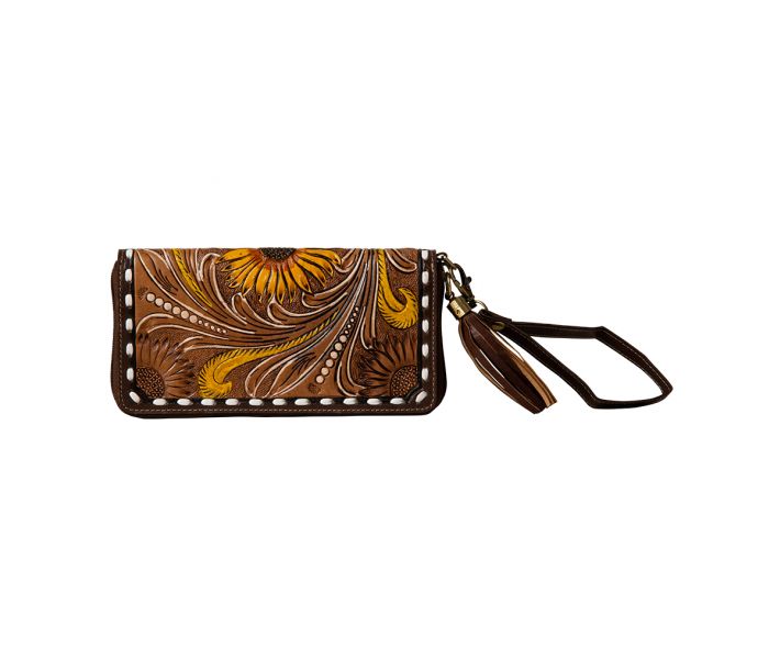 Radiant Sunflowers Hand-Tooled Clutch Wallet