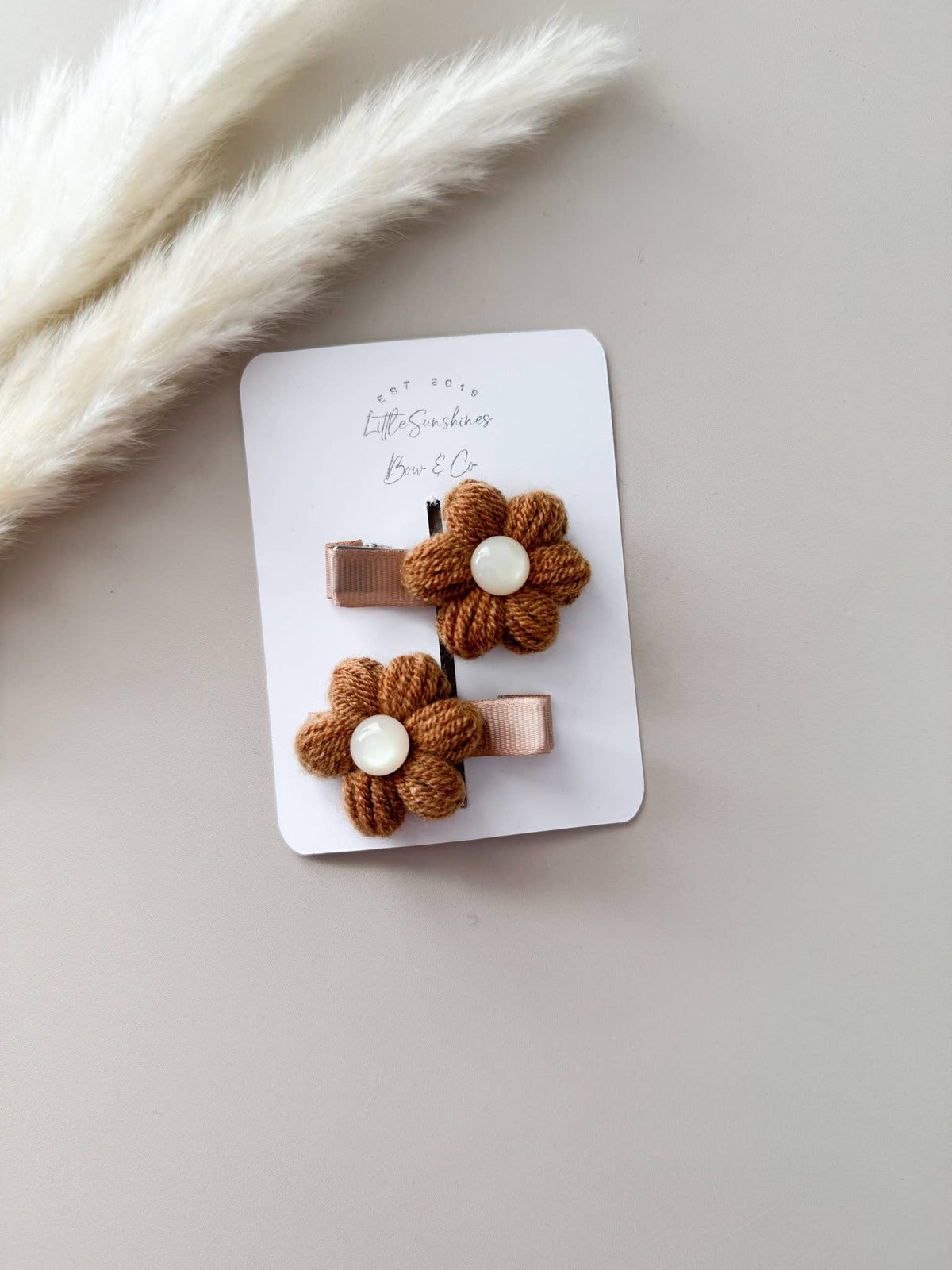 Crochet Pearl Flower Hair Clips- Set of 2: Brown