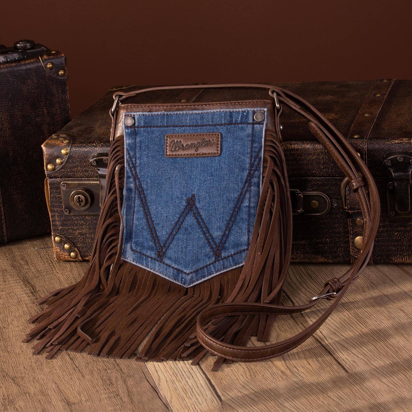 Wrangler Leather Fringe Jean Denim Pocket Crossbody: Coffee