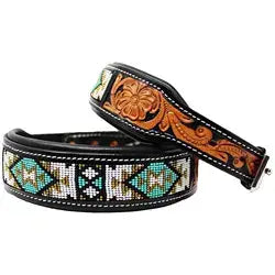 Beaded Dog Collar with Saddle Leather: White/ Medium