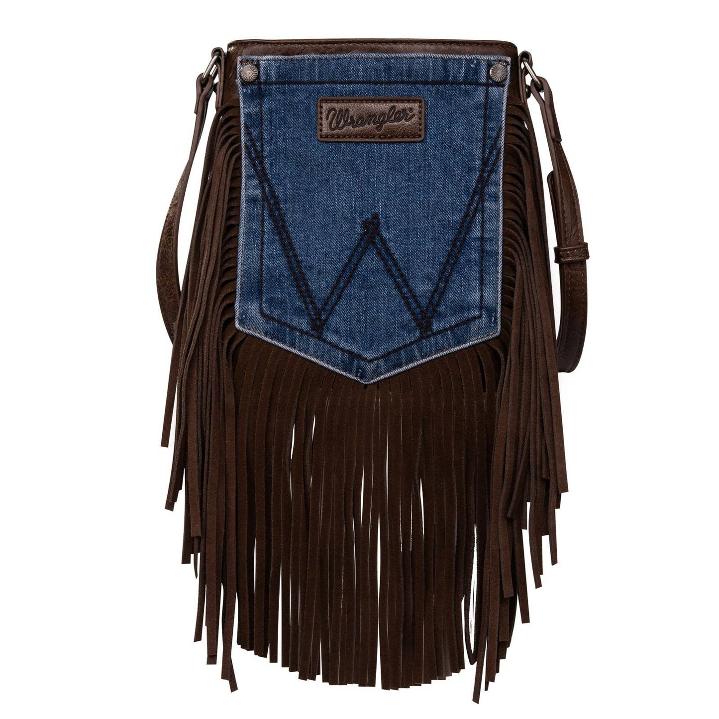 Wrangler Leather Fringe Jean Denim Pocket Crossbody: Coffee