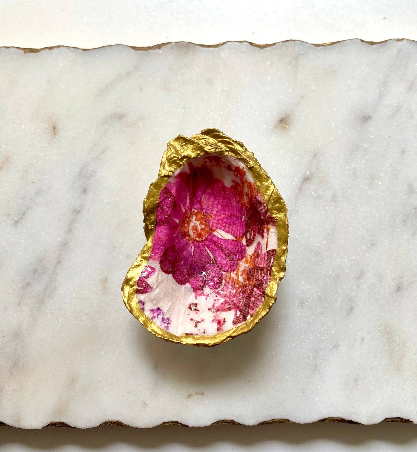 Magenta Floral Oyster Shell Jewelry Dish: Large