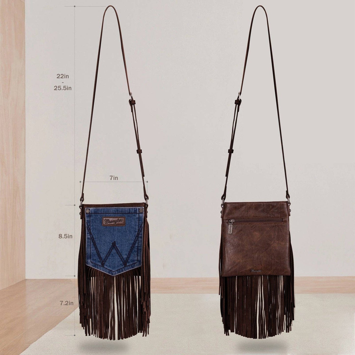 Wrangler Leather Fringe Jean Denim Pocket Crossbody: Coffee