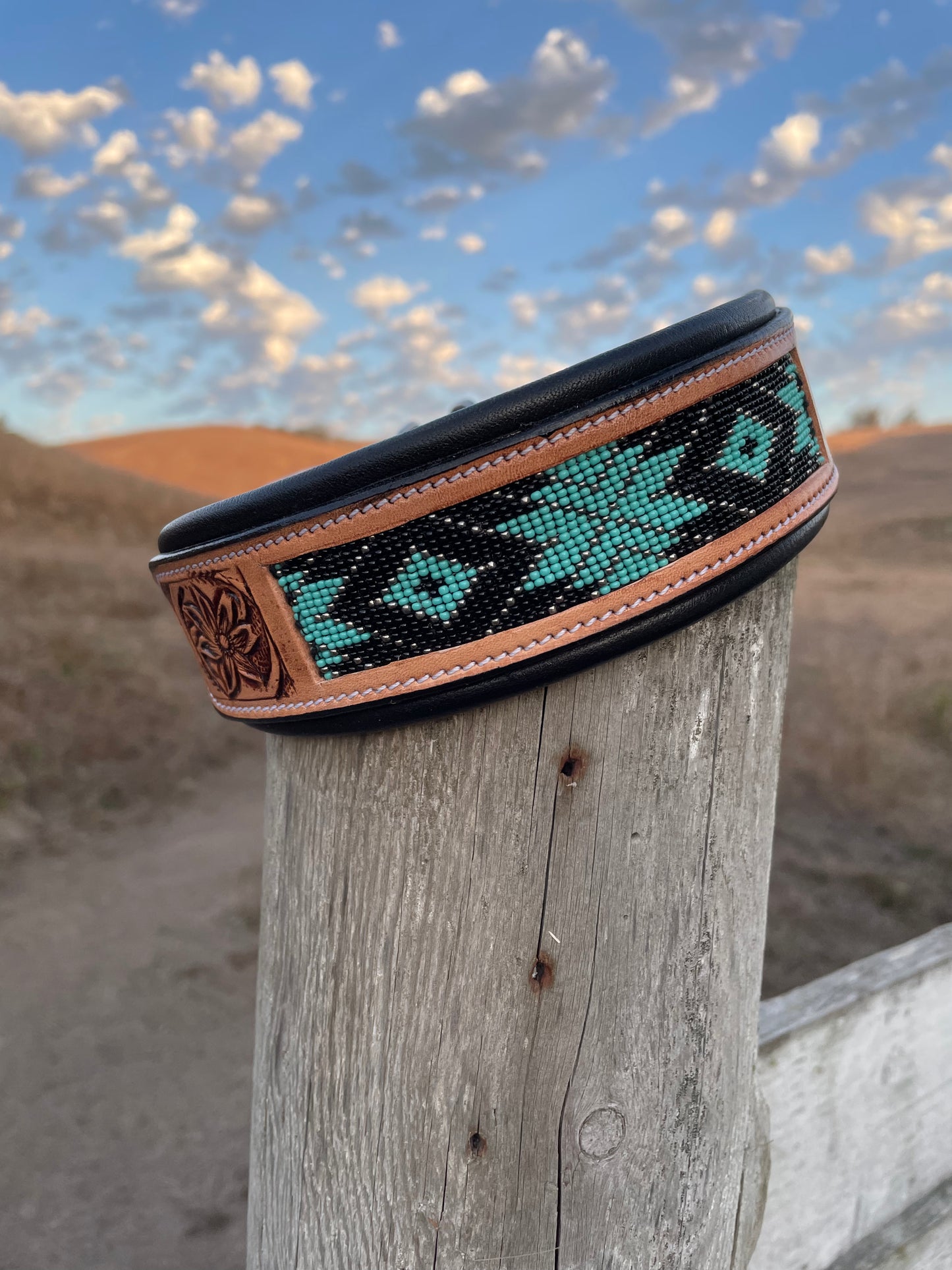 Western Leather Turquoise & Black Beaded Bling Dog Collar SMALL