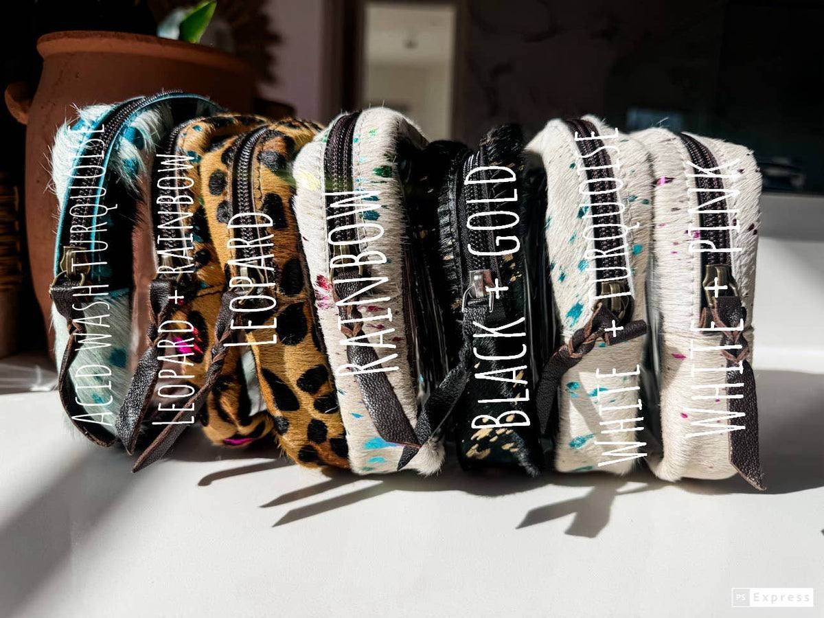 Cowhide Cosmetic Clear Case - Toiletry Makeup Travel Bag: TAN + WHITE