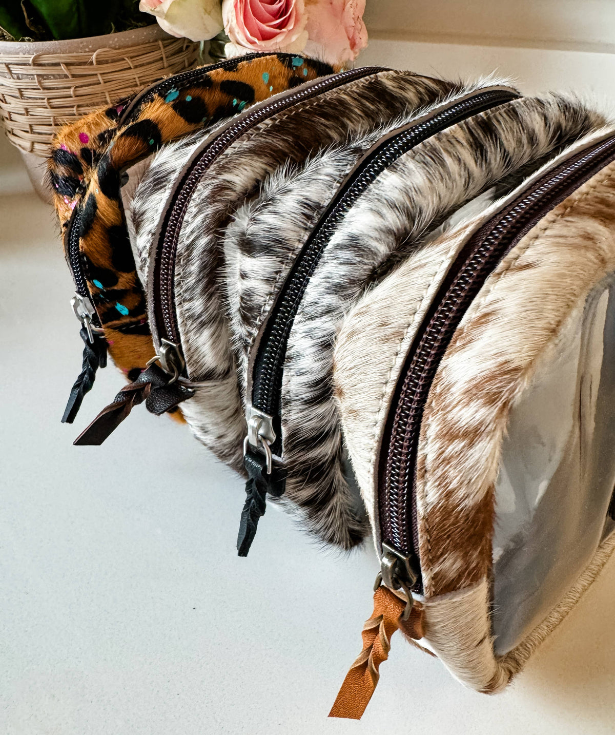 Cowhide Cosmetic Clear Case - Toiletry Makeup Travel Bag: ACID WASH TURQUOISE