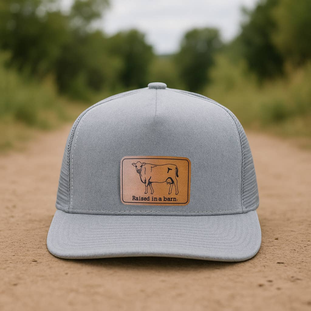 Raised in a barn Cow Country Western Farm Kids Trucker Hat : Heather Gray