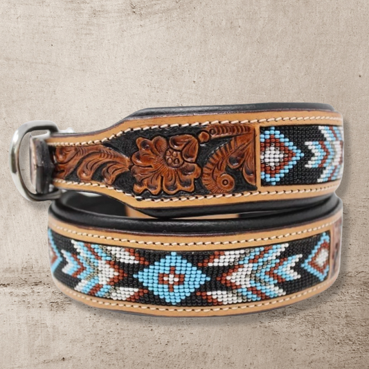 Beaded Dog Collar with Saddle Leather: Light Blue & Brown/ Medium