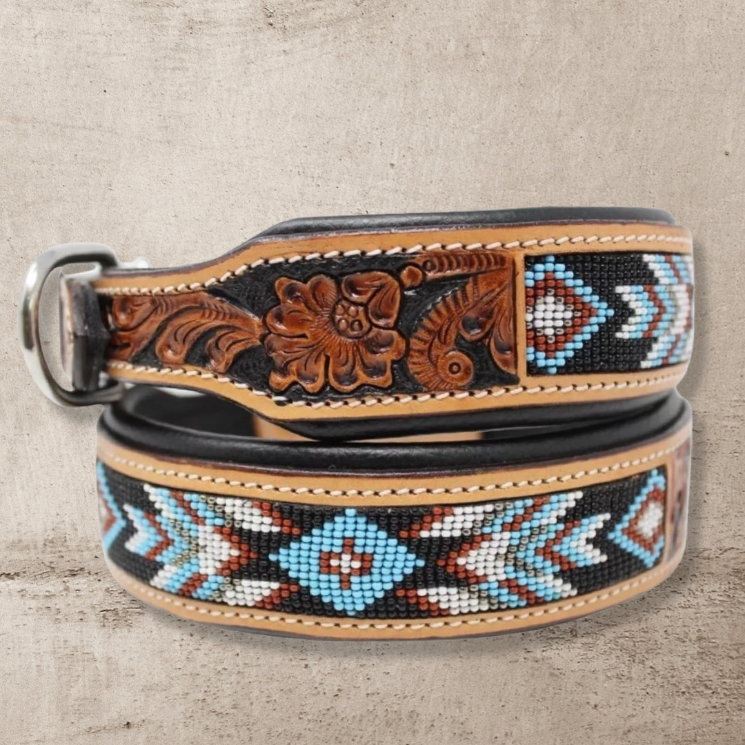 Beaded Dog Collar with Saddle Leather: Light Blue & Brown/ Large