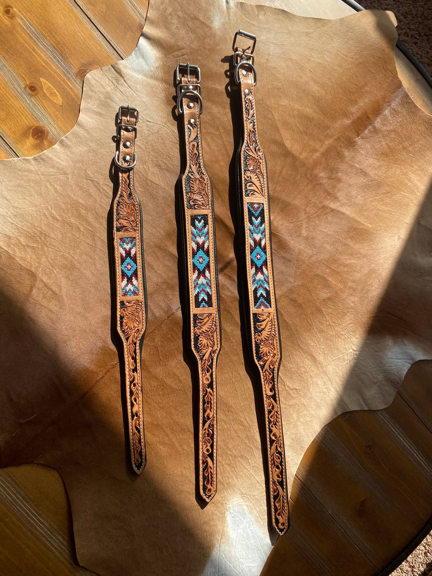 Beaded Dog Collar with Saddle Leather: Light Blue & Brown/ Large