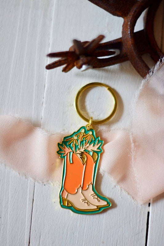 Western Peach Daisy Cowboy Boot Gold Enamel Keychain