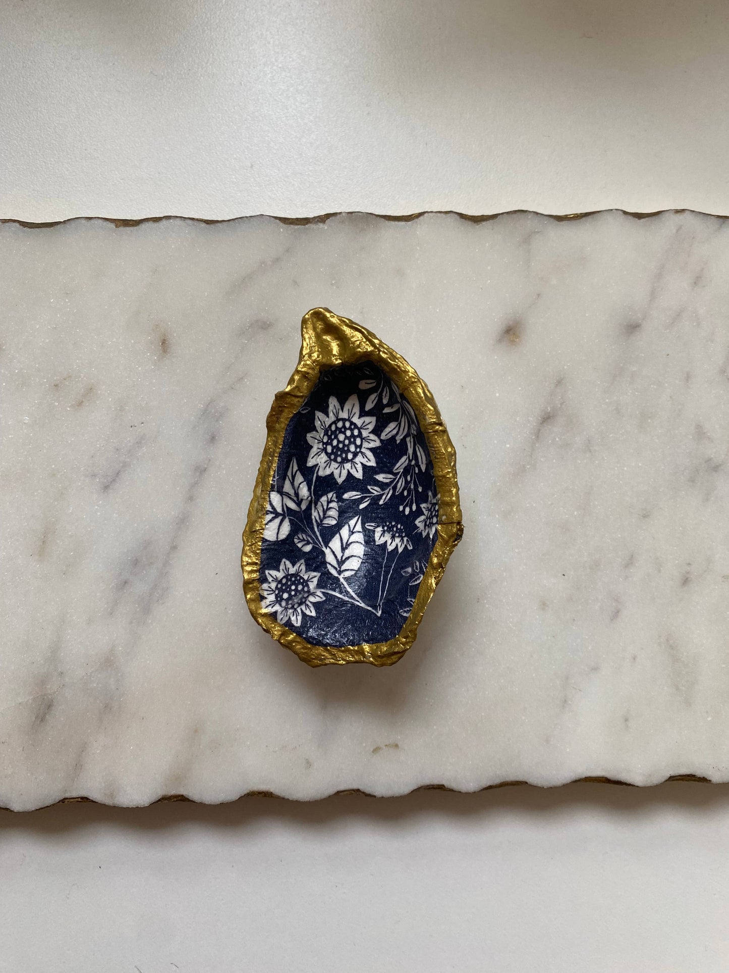 Navy Floral Oyster Shell Jewelry Dish: Small