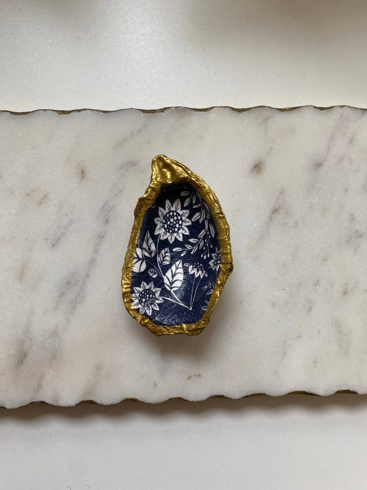 Navy Floral Oyster Shell Jewelry Dish: Small