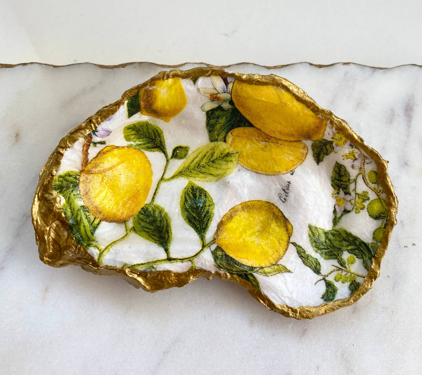 Lemon Print Oyster Shell Jewelry Dish: Medium