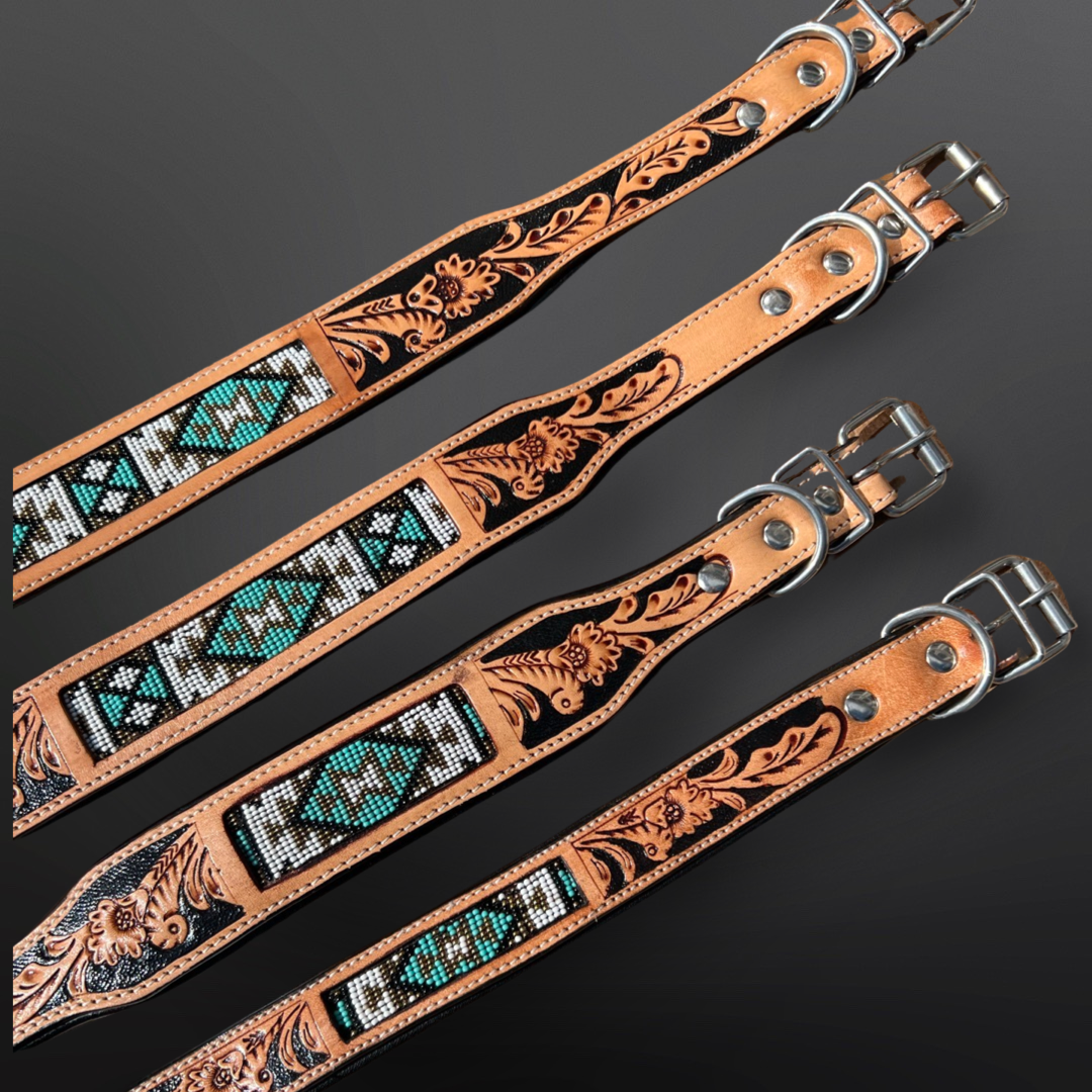 Southwestern Western Tooled Leather Beaded Dog Collar - Turq: Medium