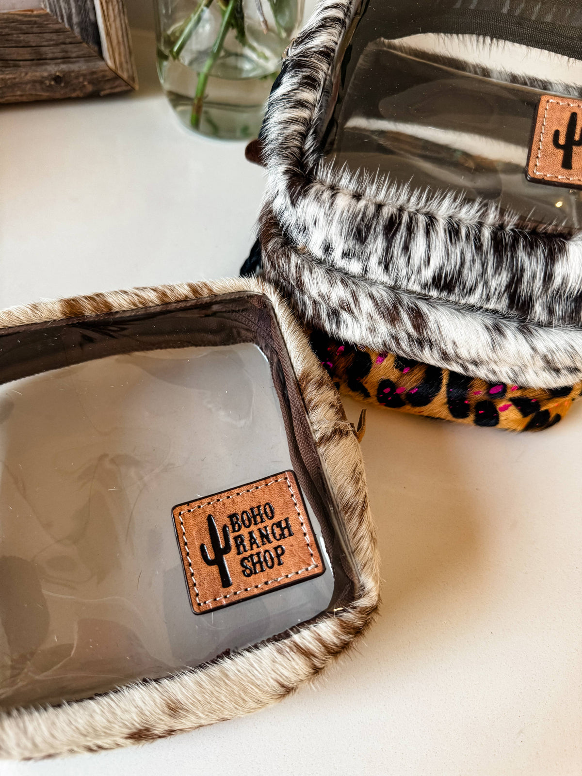 Cowhide Cosmetic Clear Case - Toiletry Makeup Travel Bag: PINK + SILVER SPECS