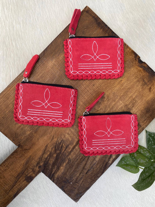 Raspberry Boot Stitch Coin Pouch