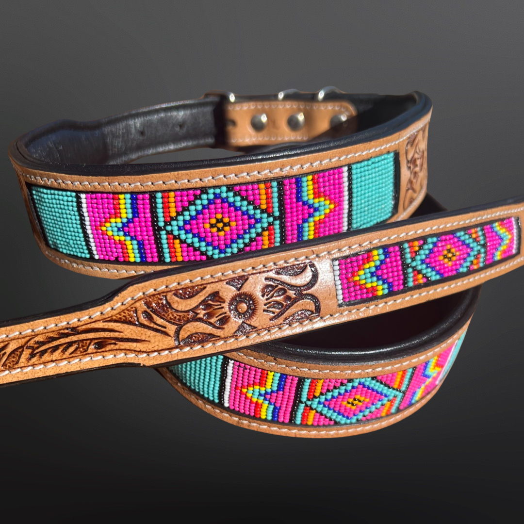 Beaded Dog Collar with Saddle Leather: Pink Turquoise/ Small