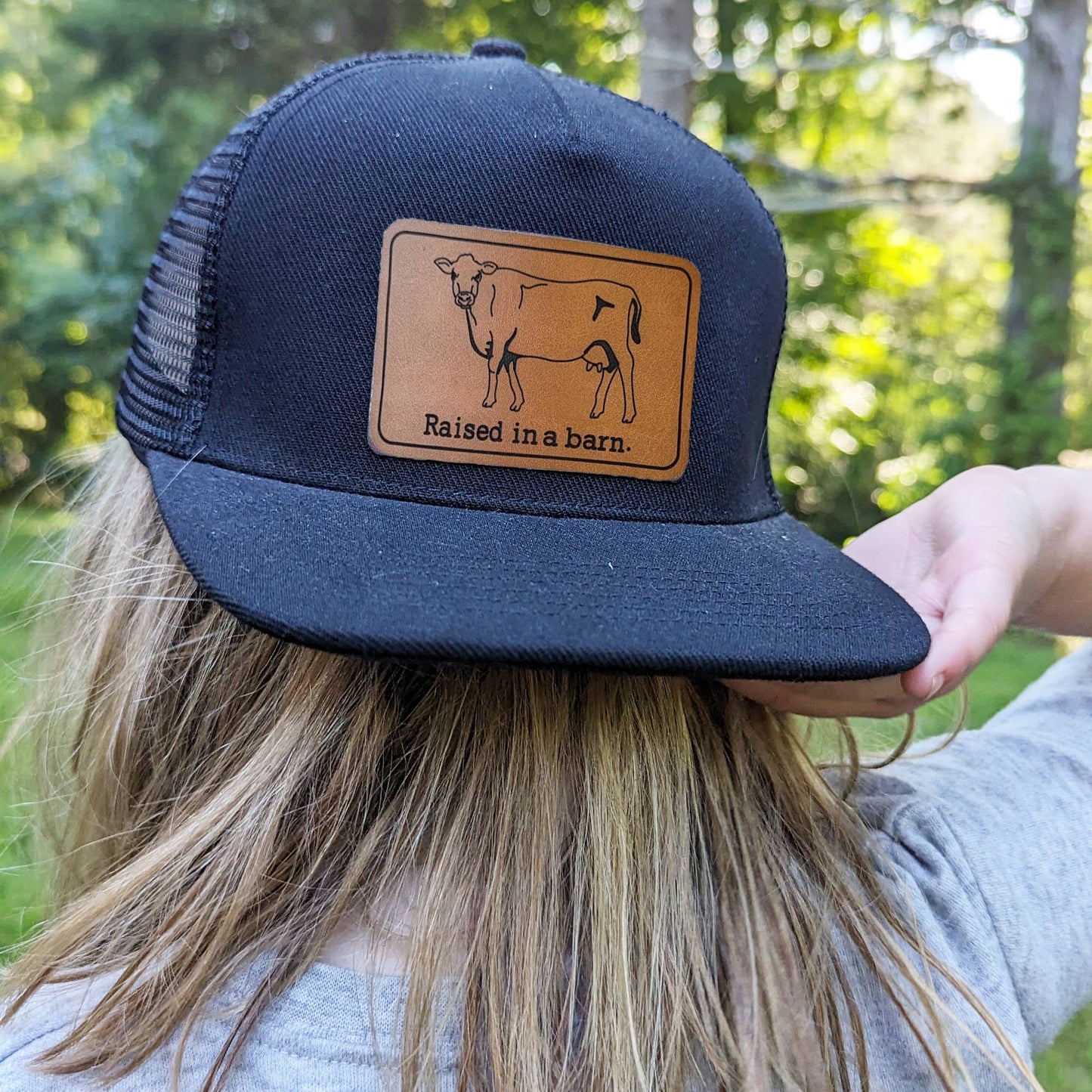 Raised in a barn Cow Country Western Farm Kids Trucker Hat : Green