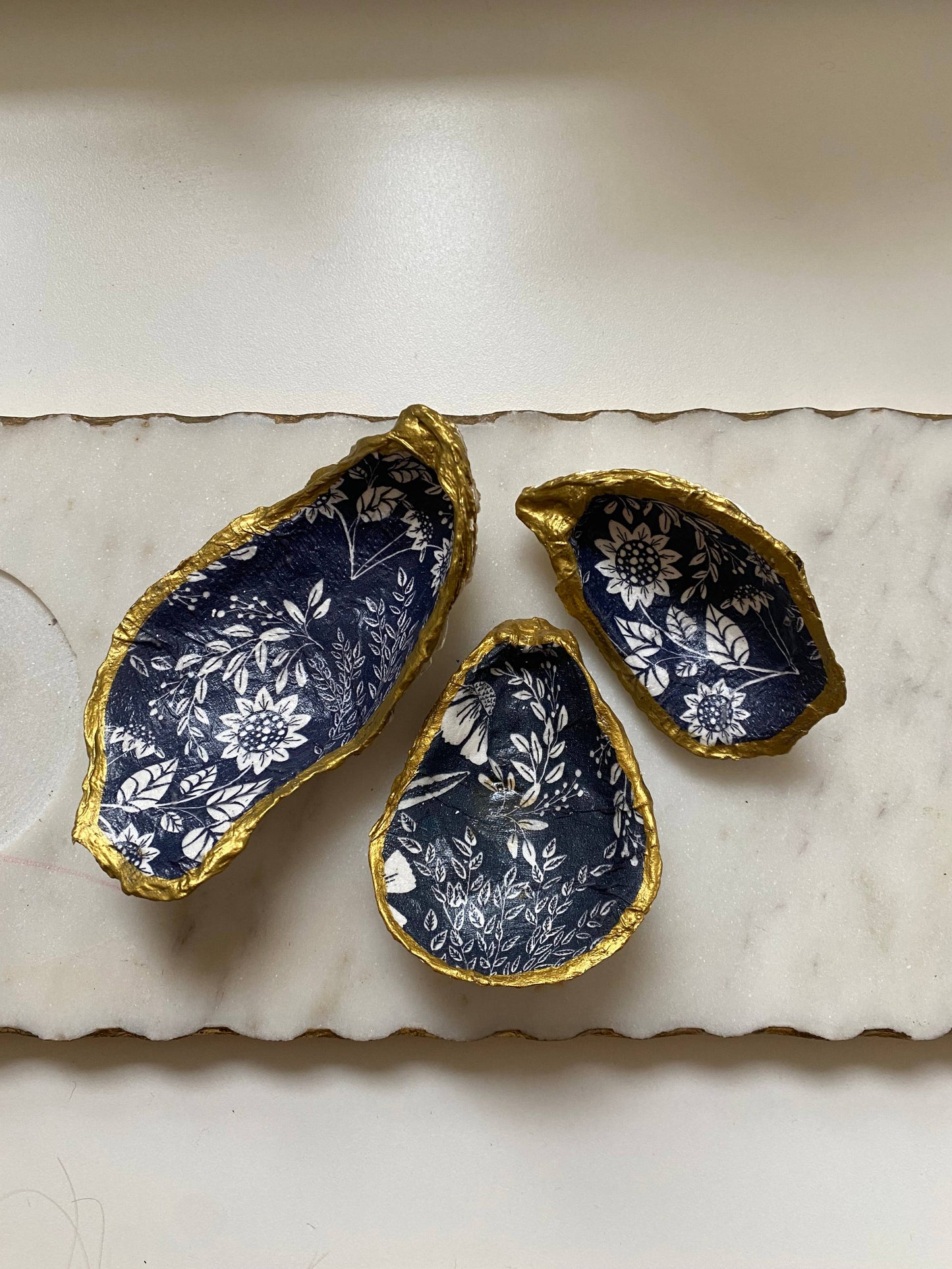 Navy Floral Oyster Shell Jewelry Dish: Small