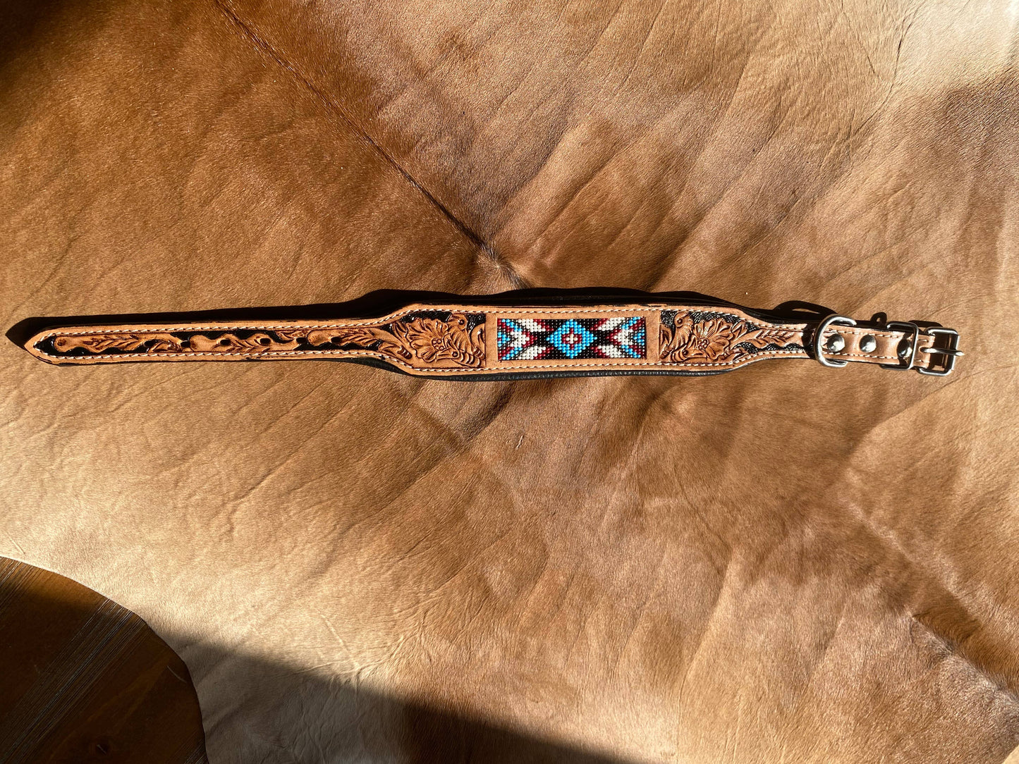 Beaded Dog Collar with Saddle Leather: Light Blue & Brown/ Large
