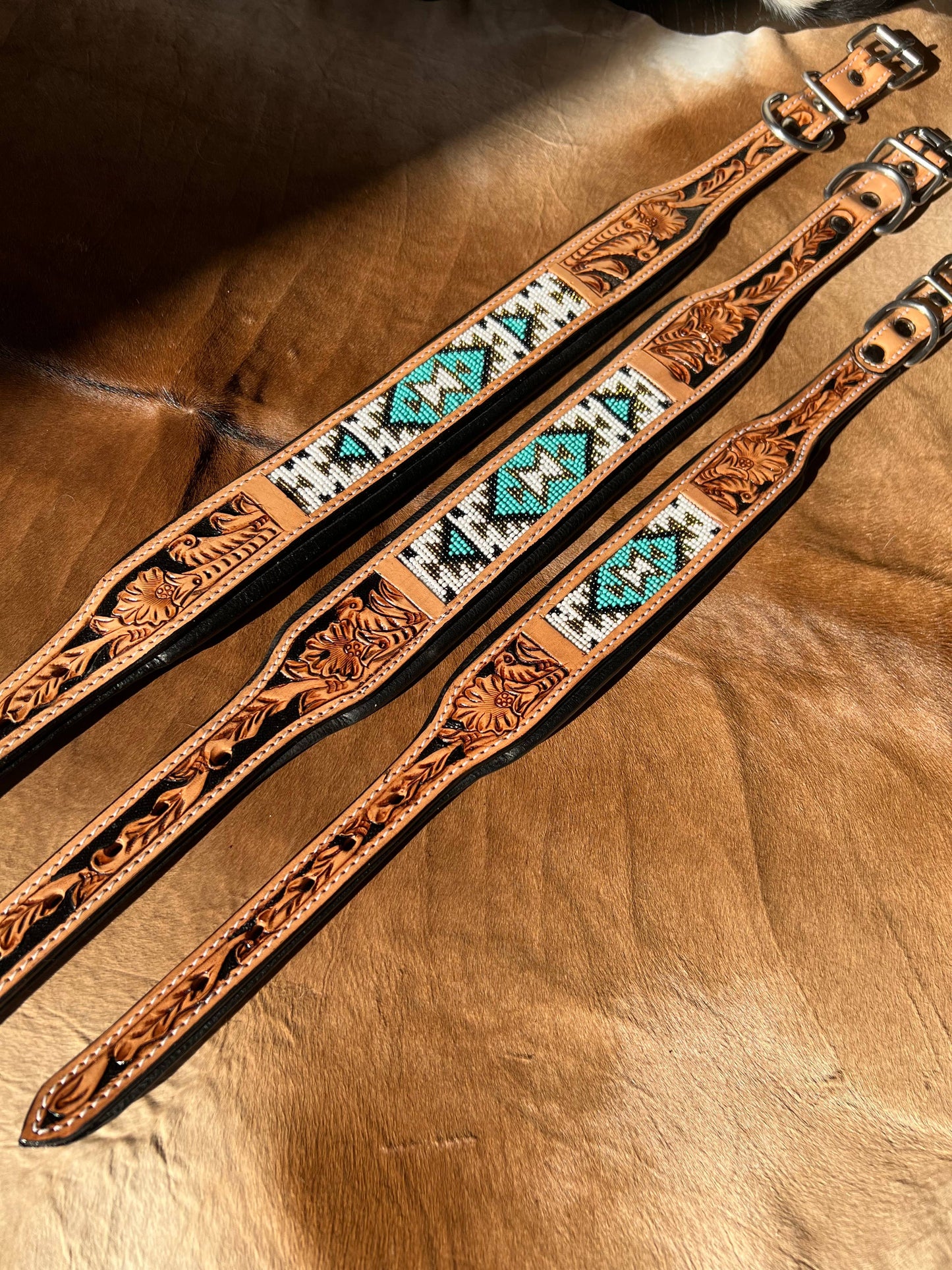 Southwestern Western Tooled Leather Beaded Dog Collar - Turq: Medium