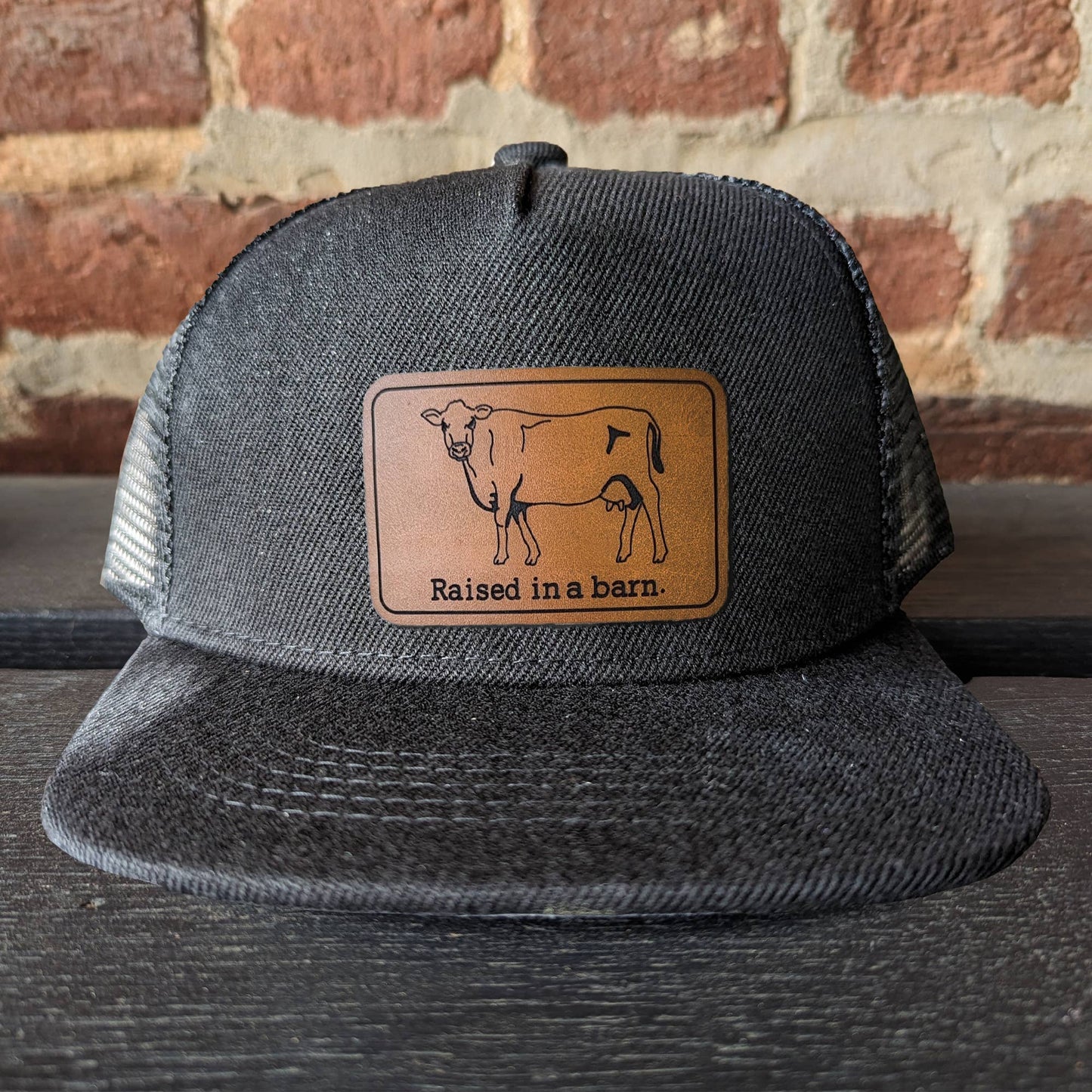 Raised in a barn Cow Country Western Farm Kids Trucker Hat : Charcoal Gray