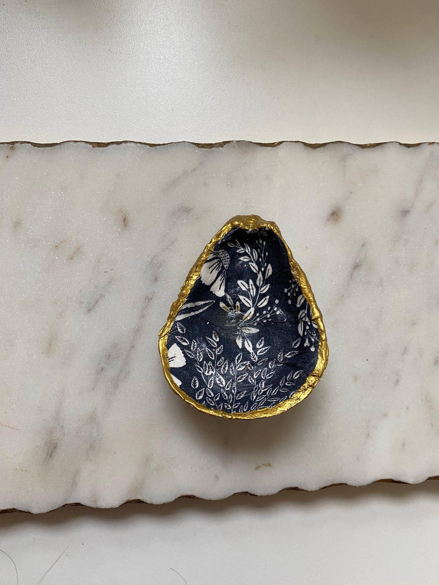 Navy Floral Oyster Shell Jewelry Dish: Small