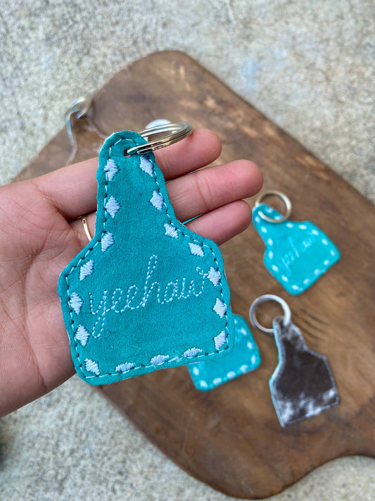 Turquoise Suede & Cowhide YEEHAW Keychain