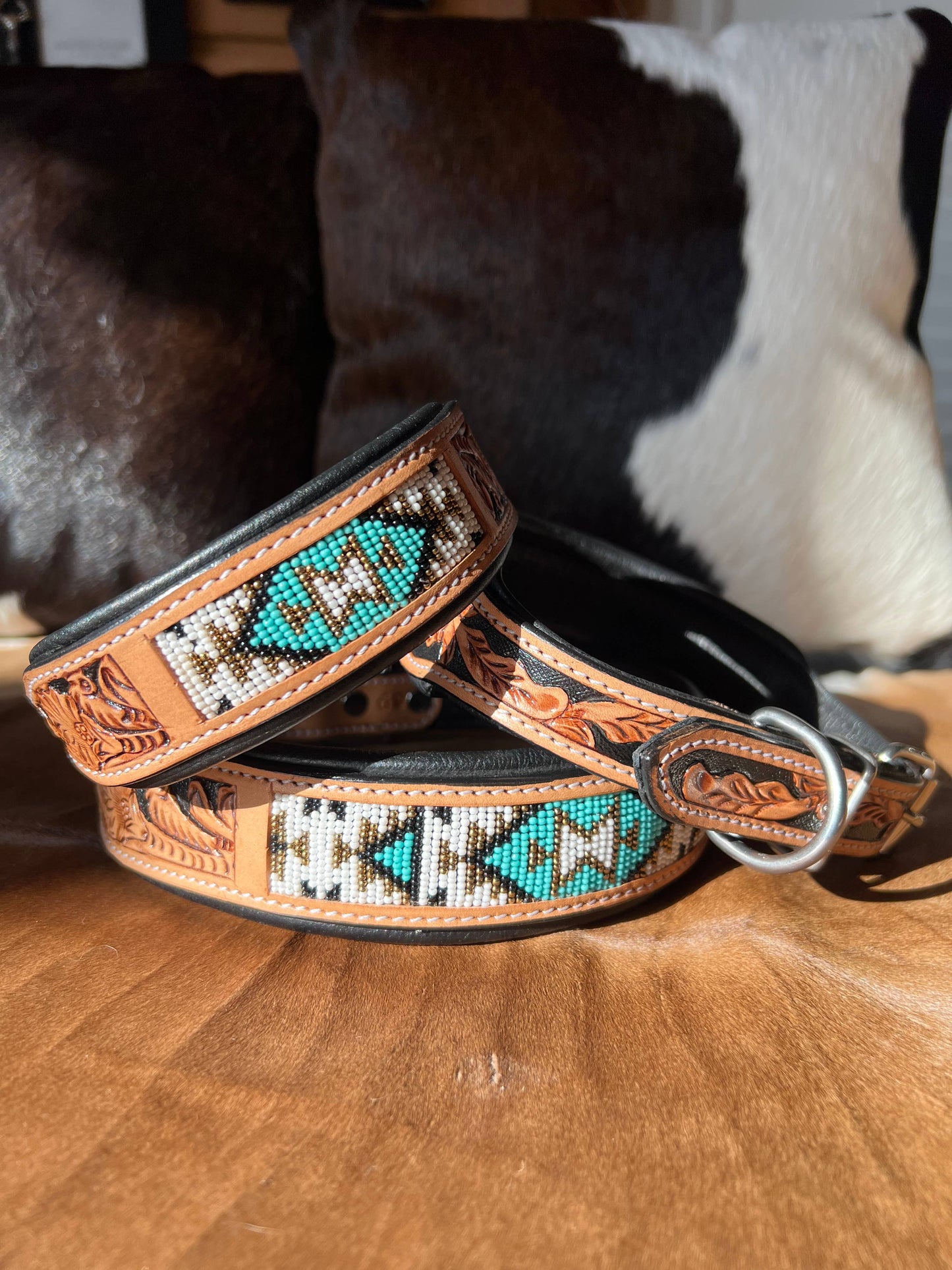Southwestern Western Tooled Leather Beaded Dog Collar - Turq: Medium