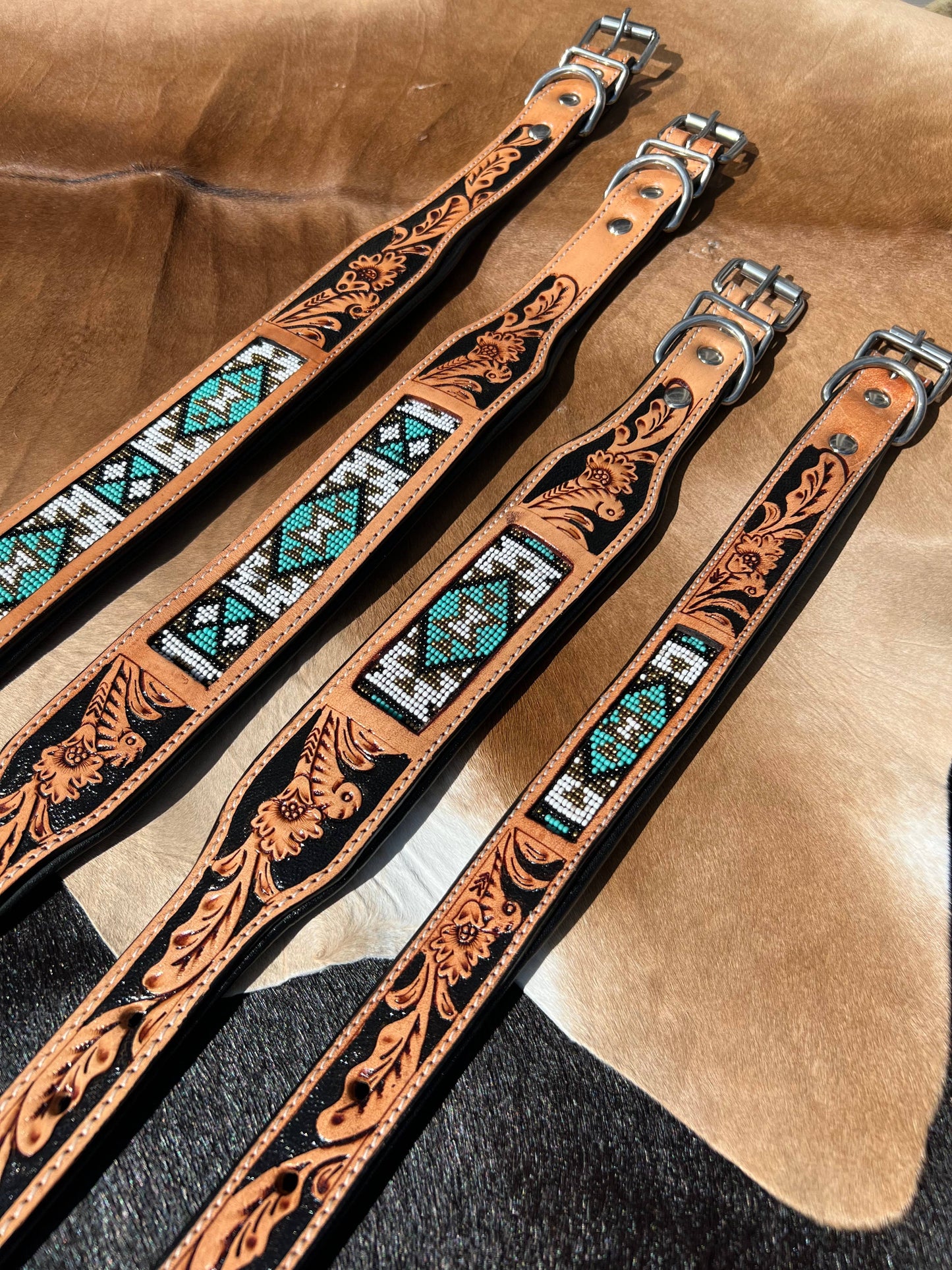 Southwestern Western Tooled Leather Beaded Dog Collar - Turq: Medium