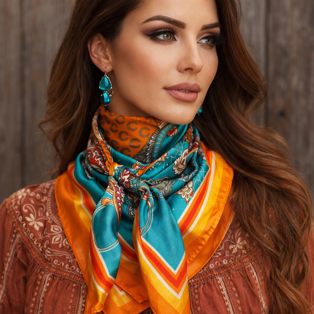 Orange and Turquoise Horse Shoe Paisley Wild Rag - Western Scarf