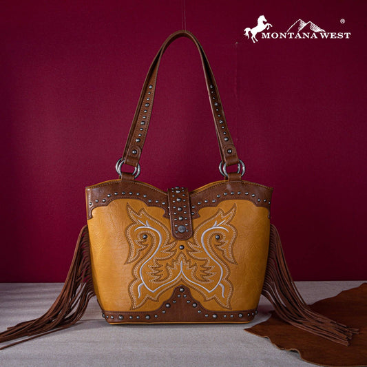 Montana West Embroidered Fringe Tote: Mustard