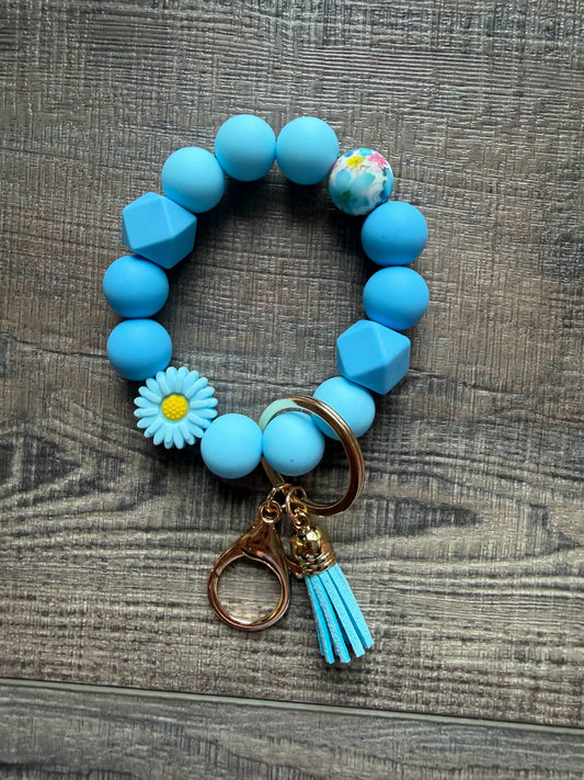 Floral Flower Silicone Bead Wristlet Keychain: Blue