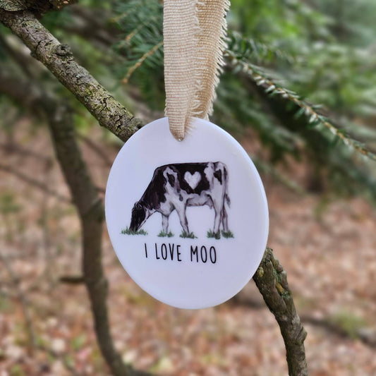 I Love Moo Holstein Cow Ceramic Ornament