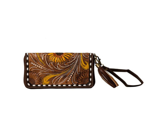 Radiant Sunflowers Hand-Tooled Clutch Wallet