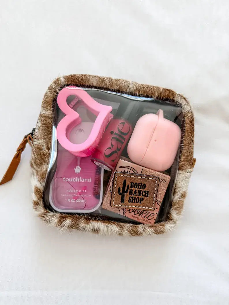 Cowhide Cosmetic Clear Case - Toiletry Makeup Travel Bag: TAN + WHITE