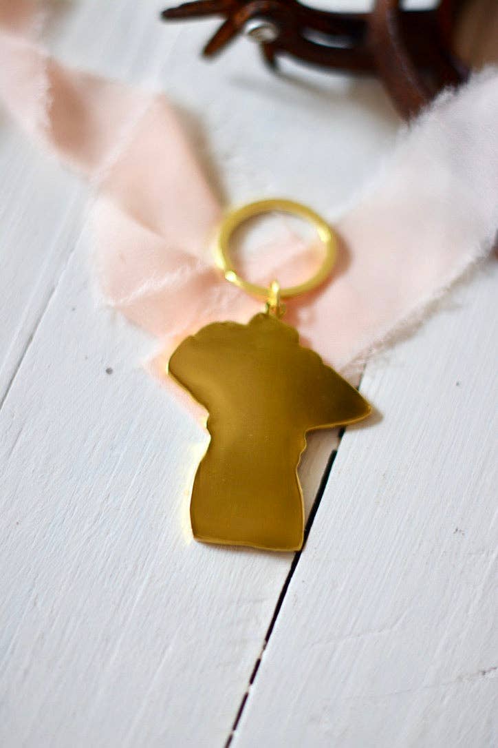 Western Cowgirl with Hat Turquoise and Gold Enamel Keychain