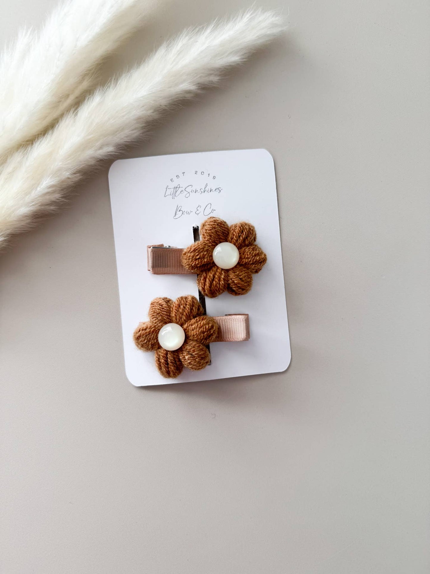 Crochet Pearl Flower Hair Clips- Set of 2: Brown