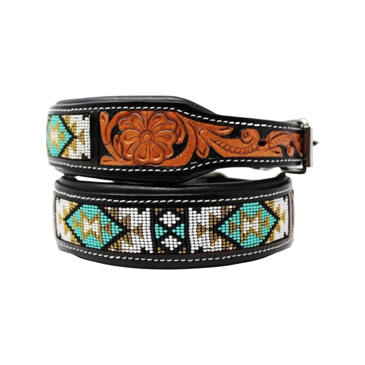 Beaded Dog Collar with Saddle Leather: White/ Medium